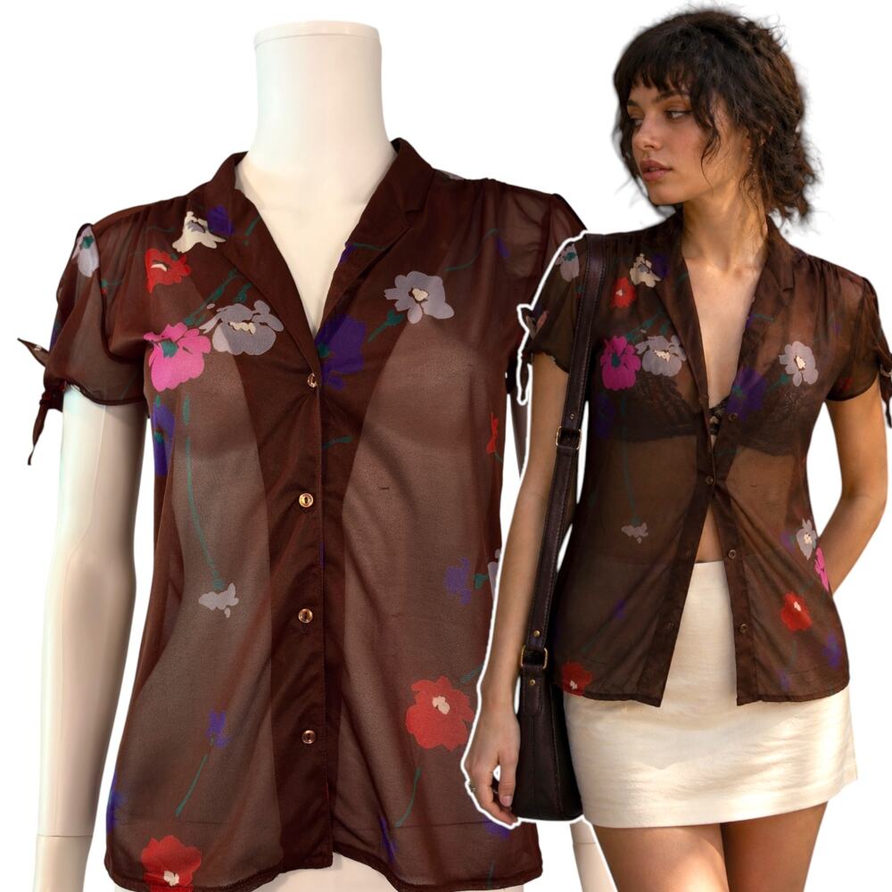 Vintage Sheer Brown Floral Blouse Size M/L Soft Whimsigoth Boho Dark Feminine